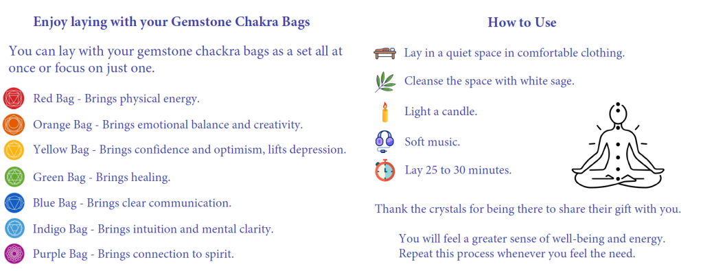 How to use your gemstone chakra bags - lay them over your energy center for 20 to 30 minutes